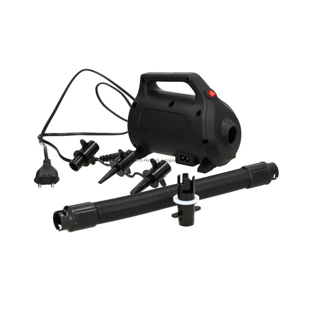 Zwarte Airtrack pomp 600W met slangen en aansluitstukken, klaar voor snel oppompen of leegzuigen van je Airtrack.
