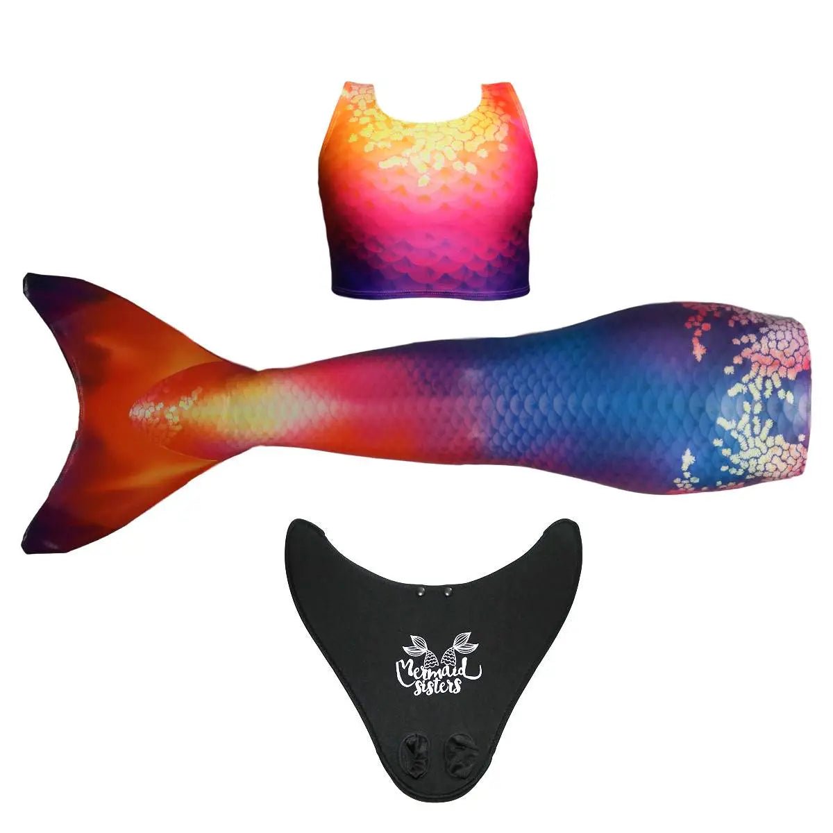 Zeemeermin staart Sunny Sunset met monovin en bikini in rood-geel-blauwe kleuren – Mermaid Sisters